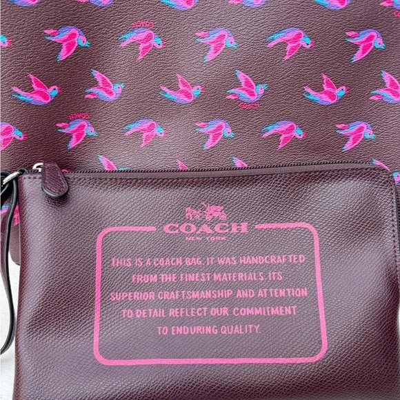 Coach Reversible City Tote Bag In Happy Bird Print Canvas 55870 Oxblood 1 - Picture 3 of 13